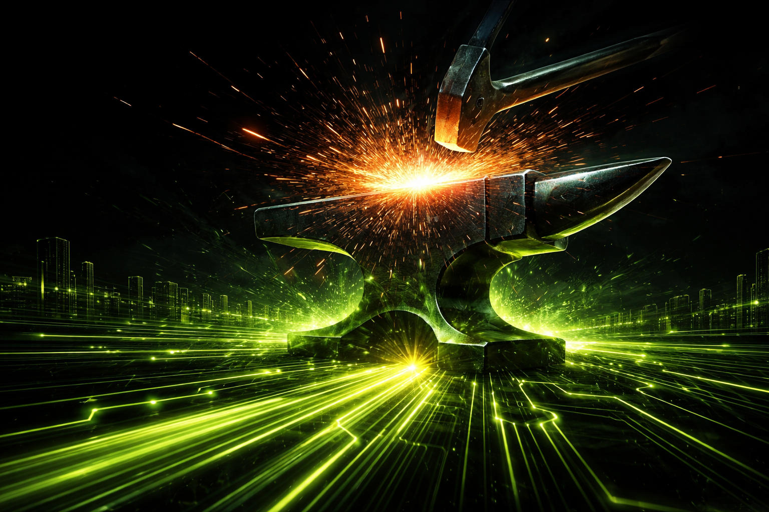 An industrial forge with glowing metal and sparks, symbolising infrastructure being shaped and built with precision